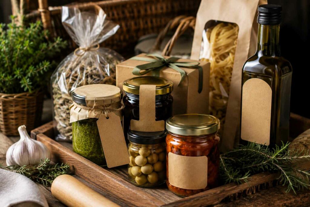 Un assortiment de produits gourmands (pesto, huile d'olive, pâtes) dotés d'étiquettes en kraft assorties, illustrant comment créer une gamme complète avec un seul tirage et une création graphique offerte.
