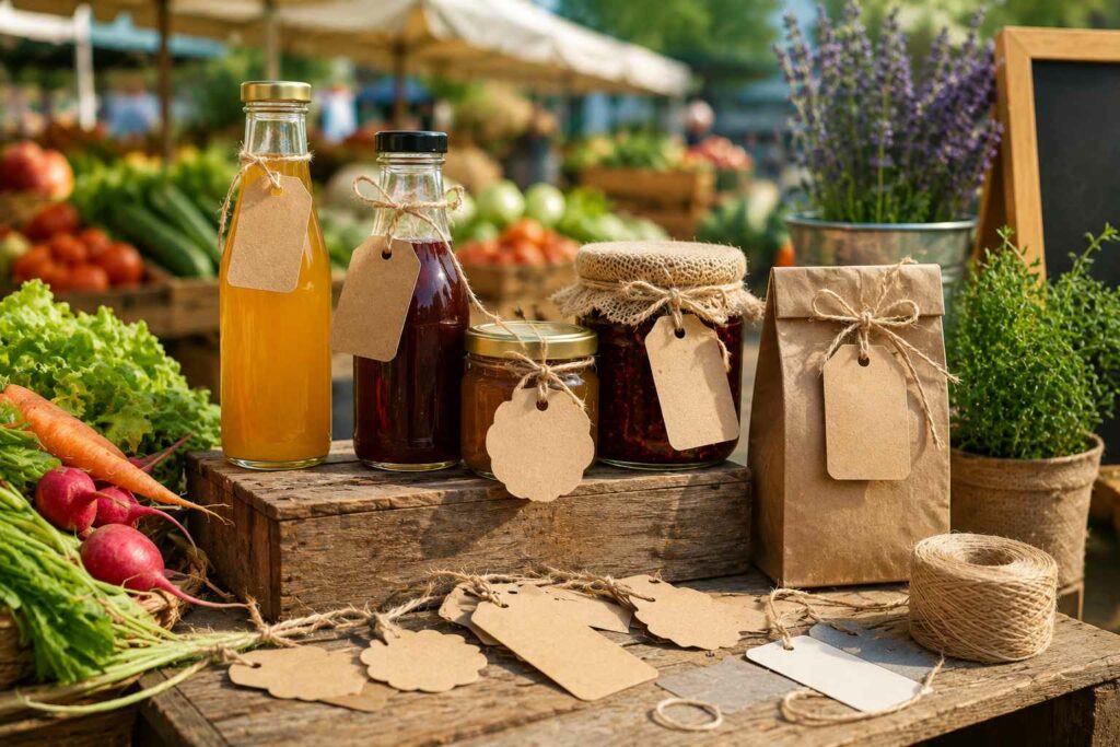 Produits du terroir en bocaux et sachets kraft dotés d'une étiquette de produit vierge sur un marché.