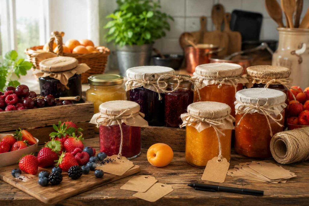 Plusieurs bocaux de confitures maison sur une table en bois entourés de fruits frais, de stylos et de petites cartes kraft prêtes à devenir des étiquettes de confiture artisanale.