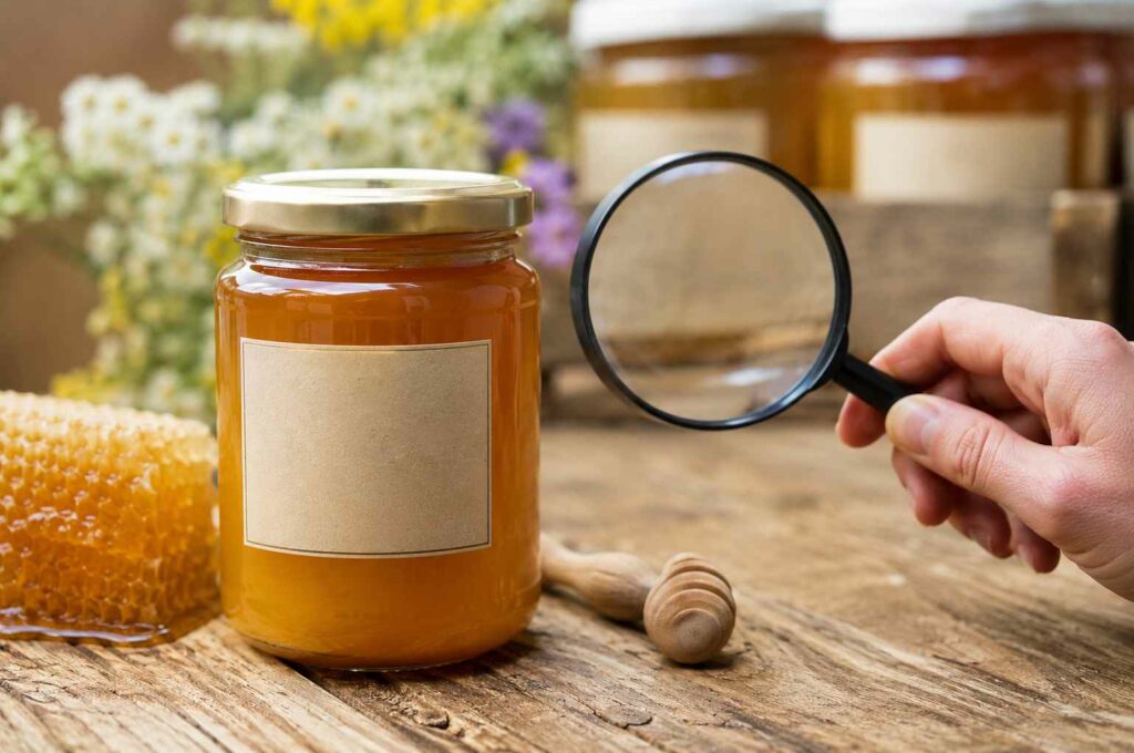 Une main tenant une loupe devant l'étiquette vierge d'un pot de miel posé sur une table en bois, illustrant la recherche et la vérification de l'origine géographique du miel.