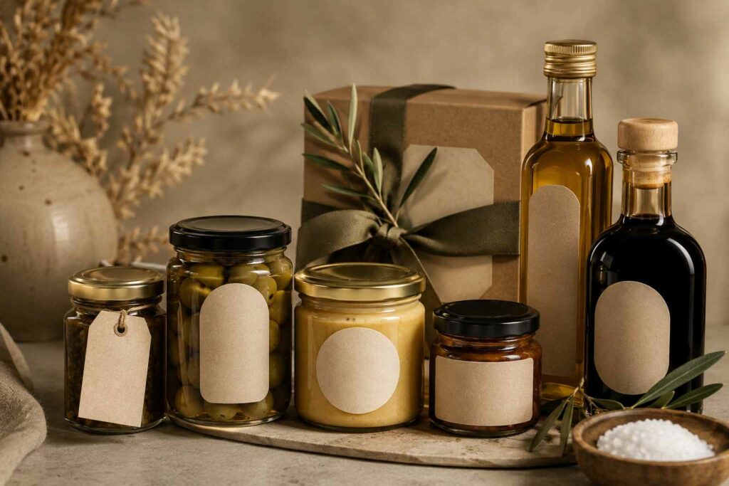 Un ensemble de produits d'épicerie fine (huile d'olive, vinaigre, olives) avec des étiquettes en papier kraft, idéal pour ceux qui se demandent quel support choisir pour vos étiquettes d’épicerie fine.
