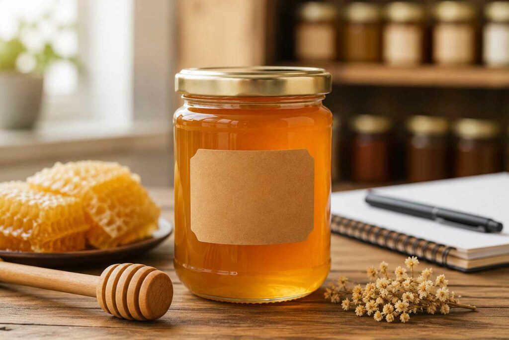 Un pot de miel doré à l'étiquette vierge posé sur un bureau en bois, illustrant l'opportunité de refaire vos étiquettes de miel avec Rubaco.