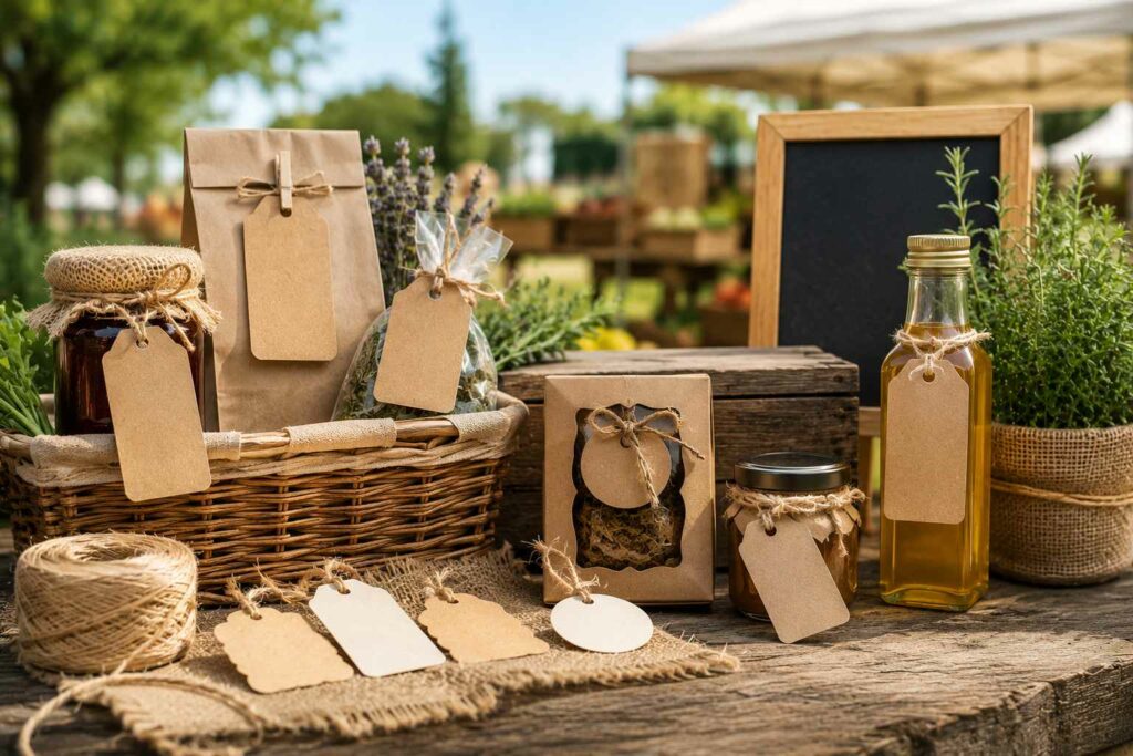Assortiment de bocaux artisanaux et de jus de fruits avec des étiquettes prêtes pour la saison sur un étal en bois.