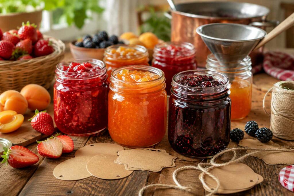 Des bocaux de confitures maison colorées entourés de fruits frais et de matériel créatif sur une table en bois, idéal pour s'inspirer et lancer un projet d’étiquette de confiture avec Rubaco.